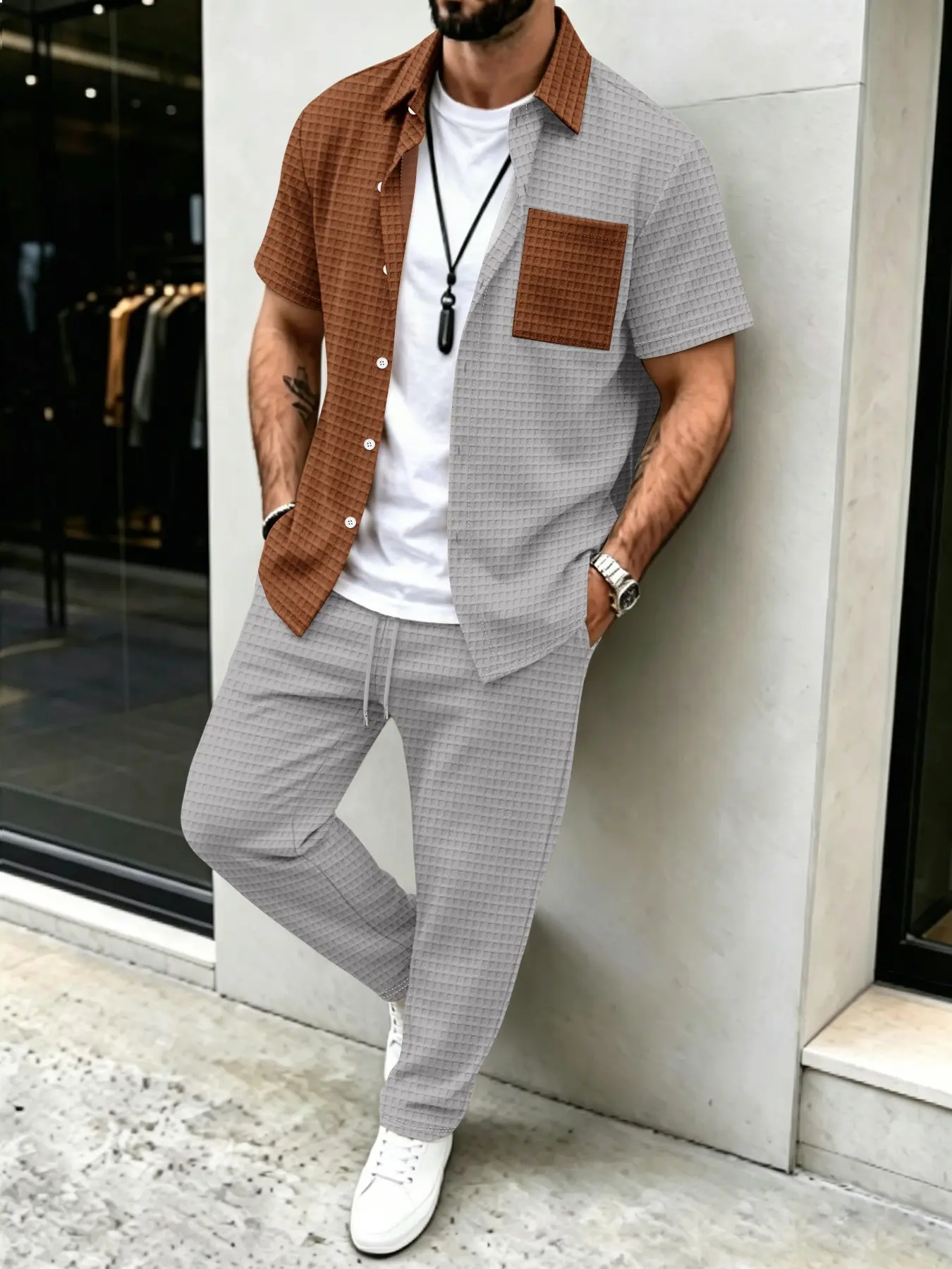 Men'S Fashion Pants - طقم رجالي كاجوال بنمط الوافل، قميص