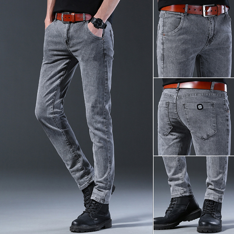 Men'S Fashion Grey Jeans - بنطلون جينز رجالي ضيق مرن باللون