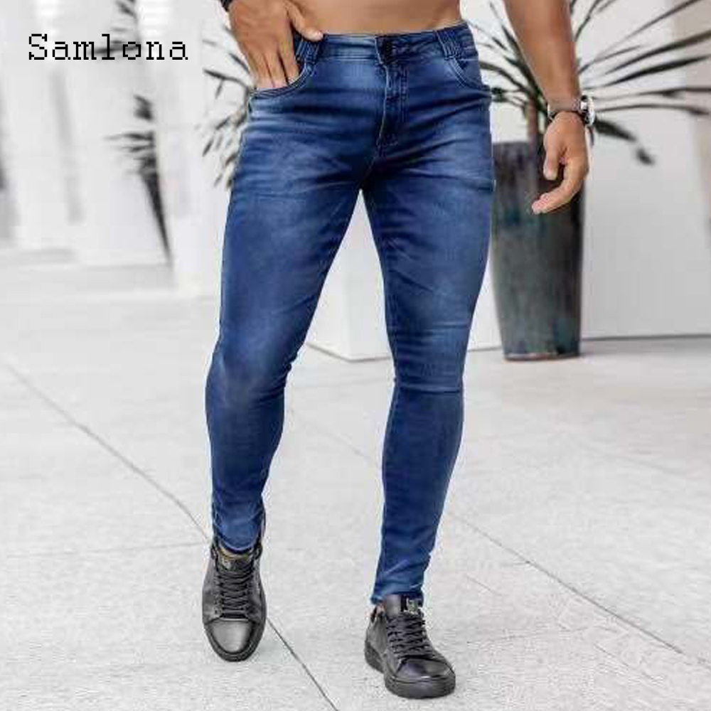 Men'S Fashion Grey Jeans - Samlona-بنطال جينز ضيق للرجال ، بنطلون