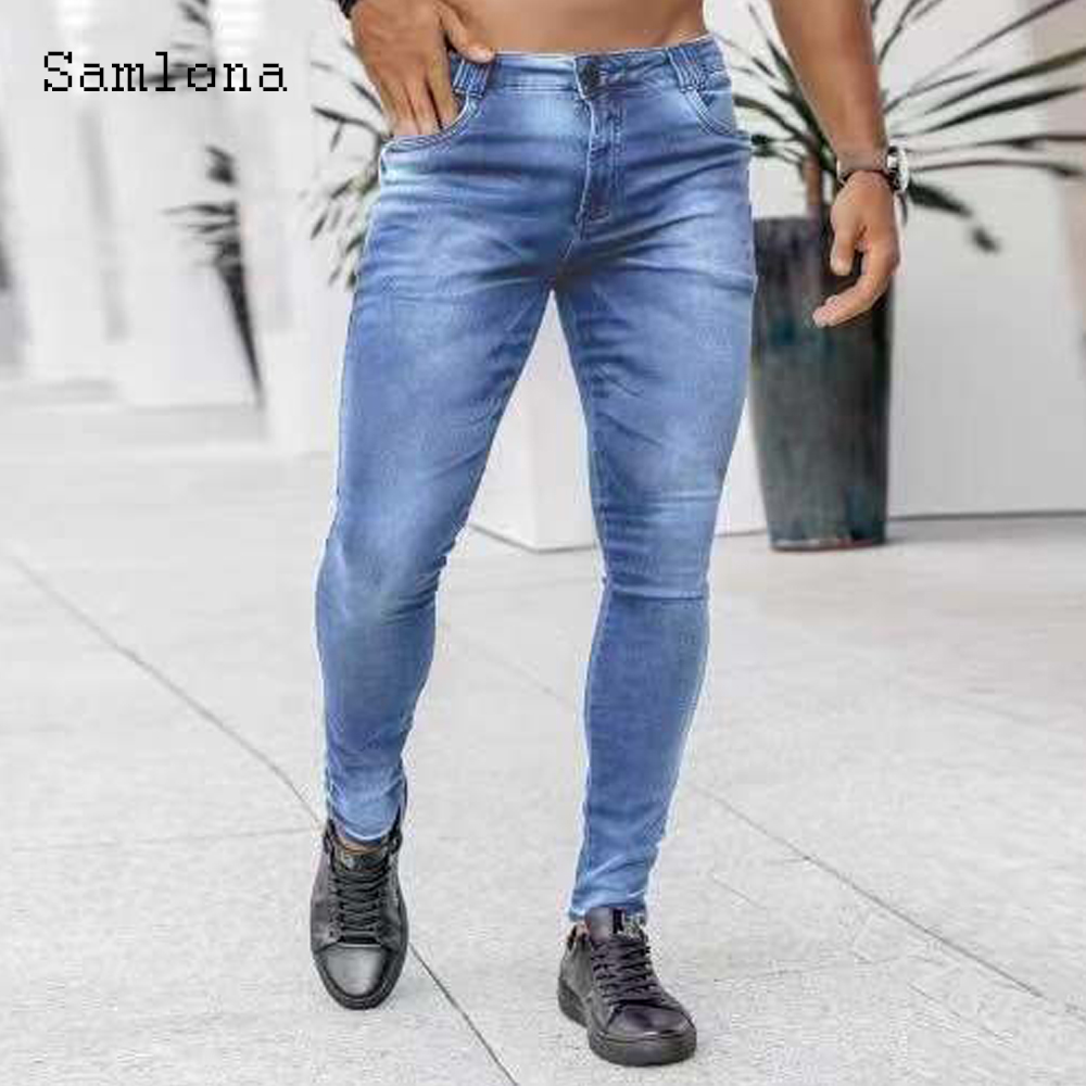 Samlona-بنطال جينز ضيق للرجال  - مراجعة Men'S Fashion Grey Jeans وسعره