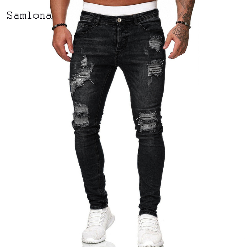 Samlona-بنطال جينز ضيق للرجال  - مراجعة Men'S Fashion Grey Jeans وسعره